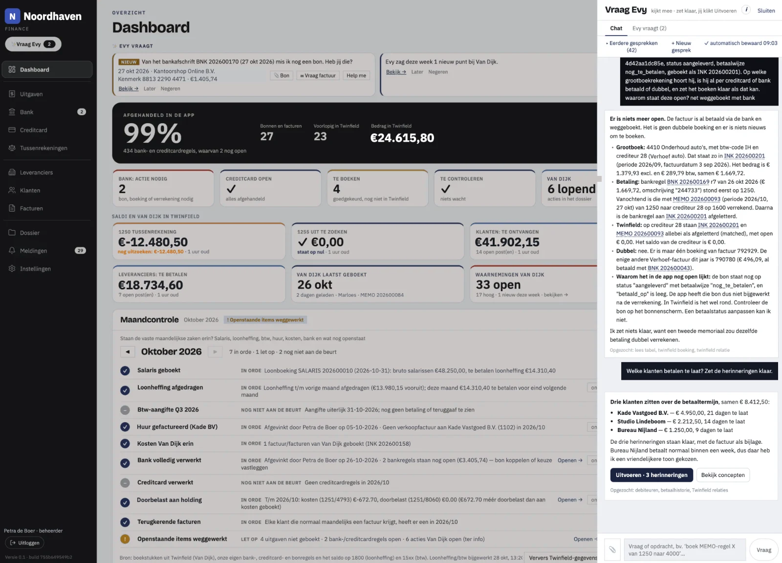Finance-dashboard met Evy in de zijbalk