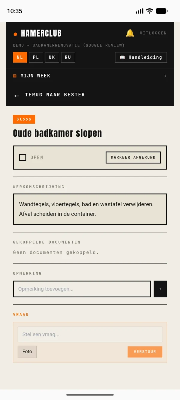 Werker-app: een taak met omschrijving en vraagknop